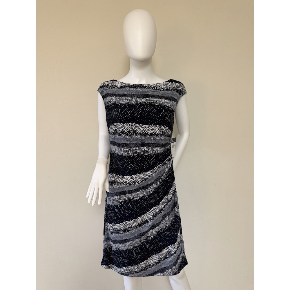 New Chaps sleeveless Ruffled Sheath Dress Navy And White Polka Dots US L